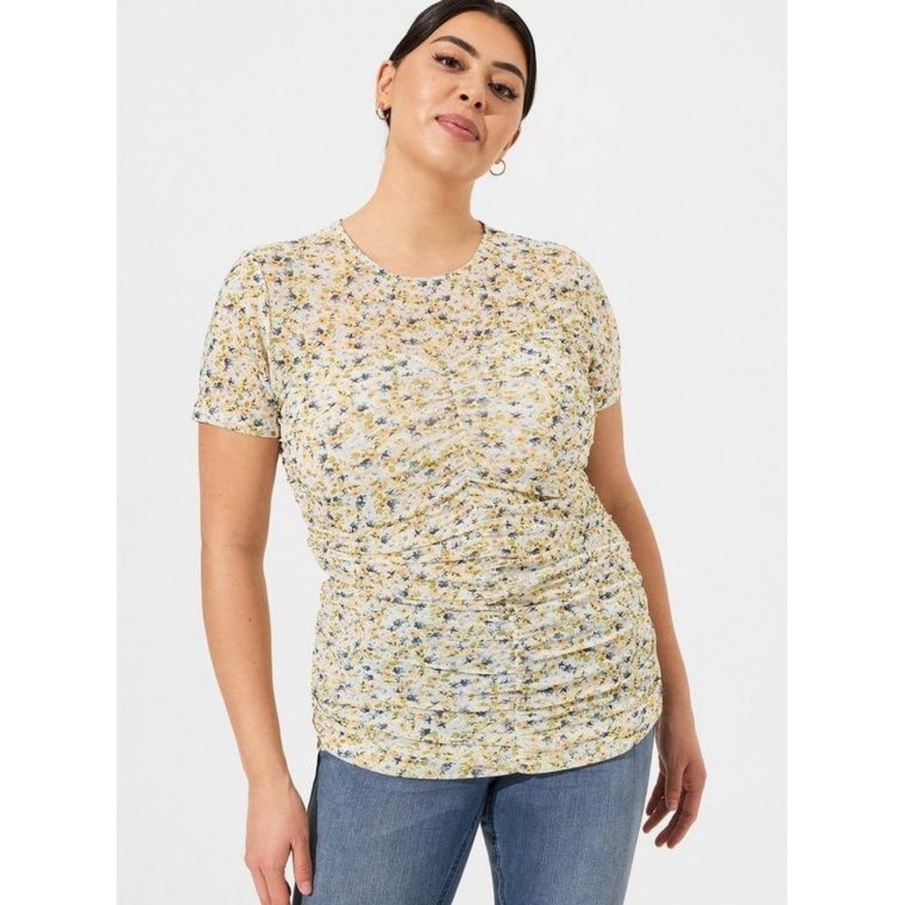 Torrid‎ Floral Ruched Mesh Top Women Size 4 (4X) Stretch Crew Neck Short Sleeve